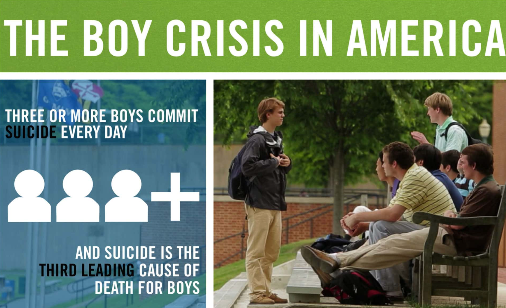 The Boy Crisis in America: original film resource graphic about boys’ mental health and suicide.